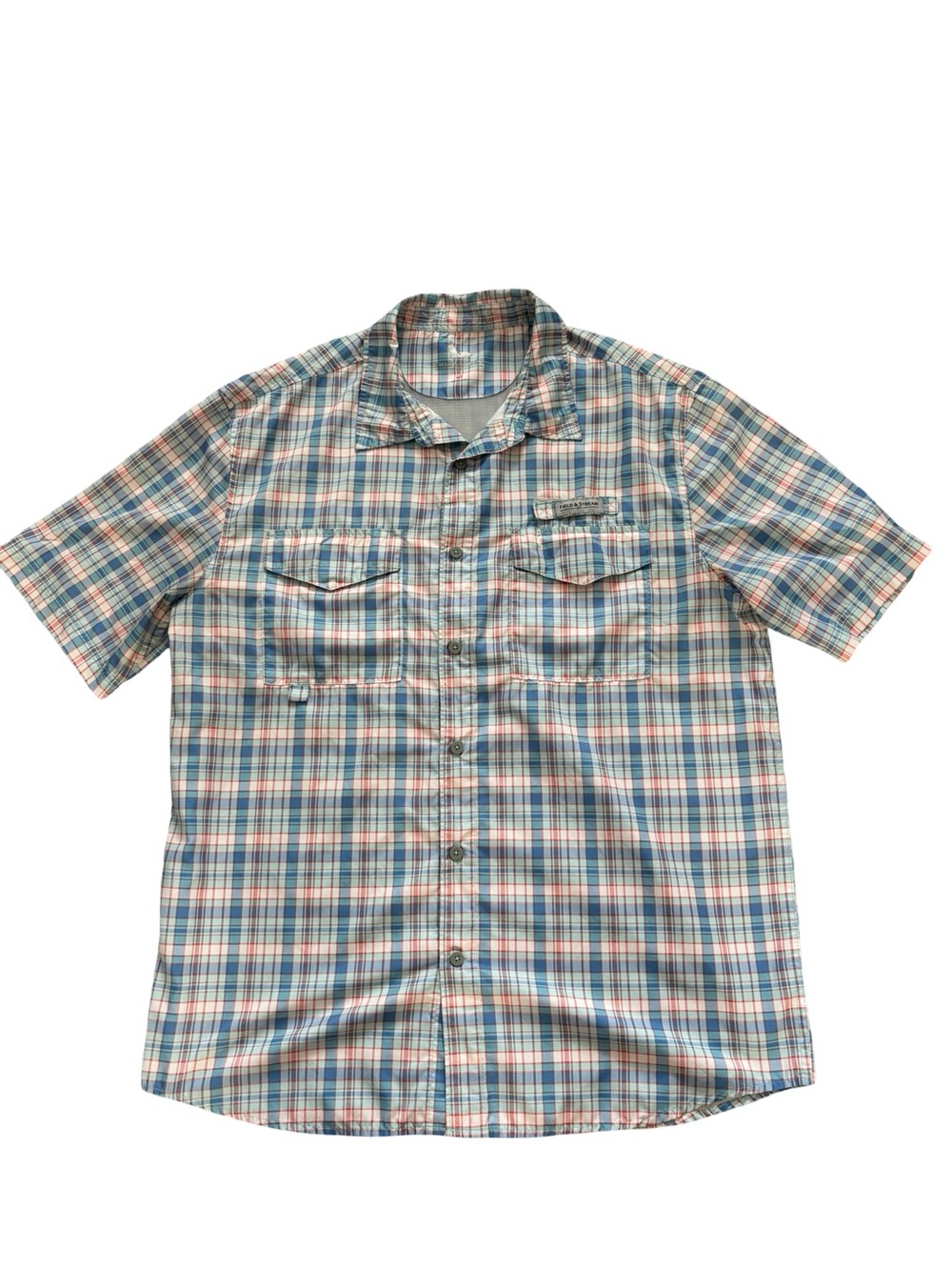 Men's Short Sleeve Plaid Button-Up Shirt - Blue, White, Orange
